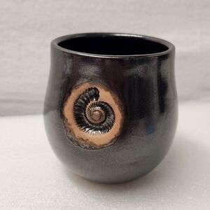 Handmade Black Ceramic Cup Fossil Mug 10oz Ammonite Inlay Dark Metallic Glaze